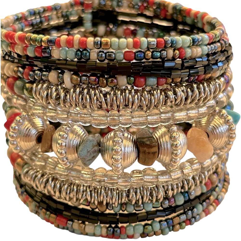 Colorful Beaded Cuff Bracelet Boho Unique Statement Layered Look Comfortable
